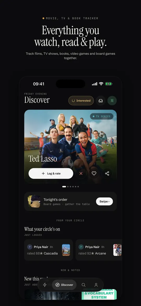 loggit Discover tab with films, shows, books and games