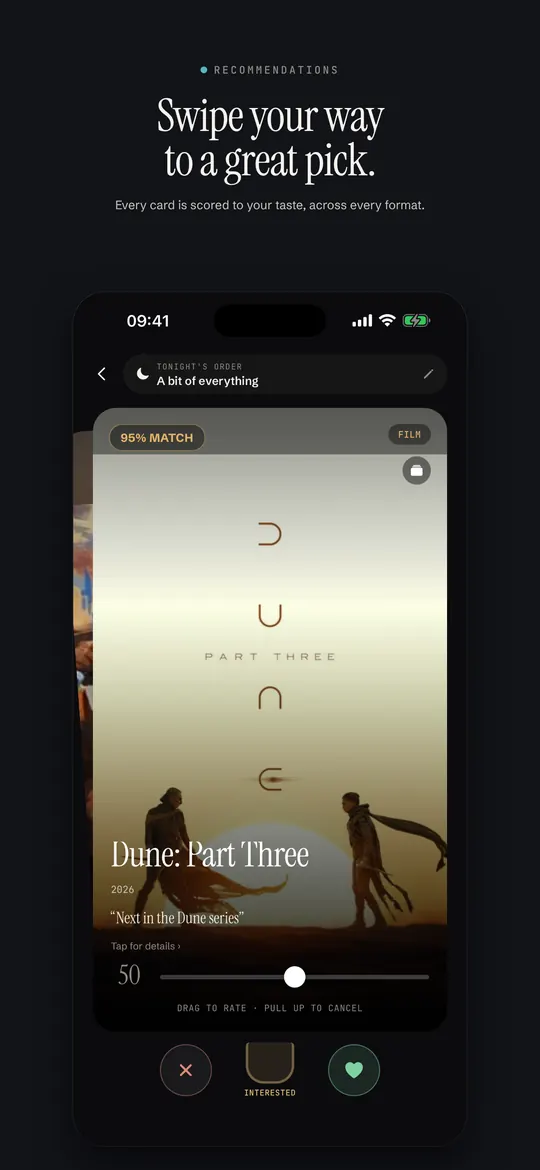 Swipe deck with a 95% match score on a film